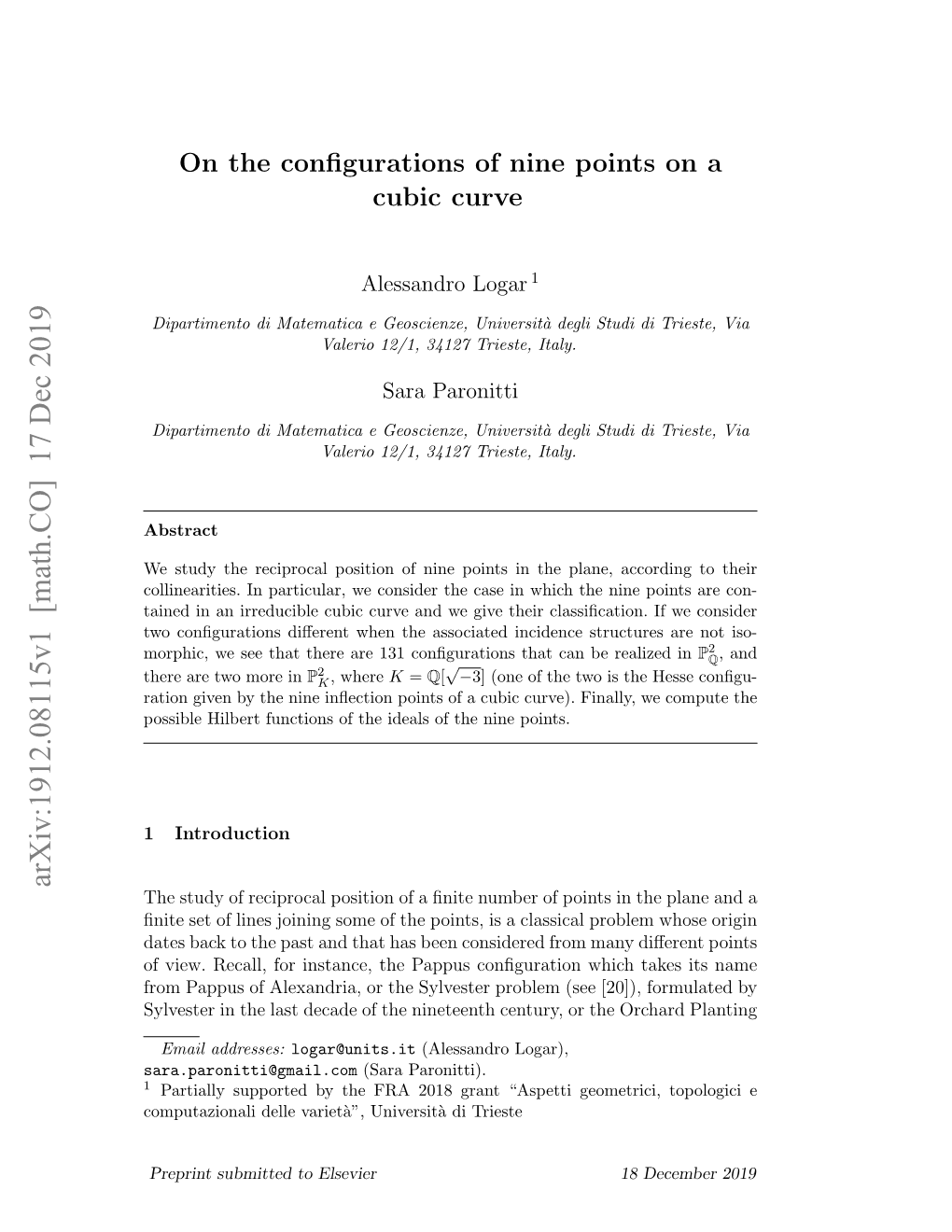 On the Configurations of Nine Points on a Cubic Curve