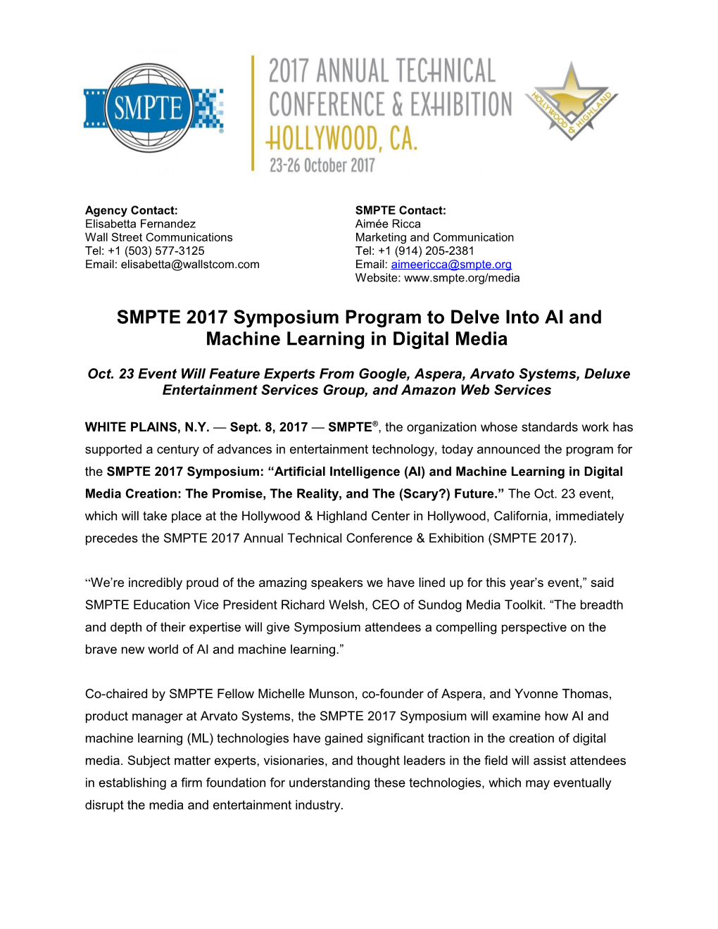 SMPTE Press Release