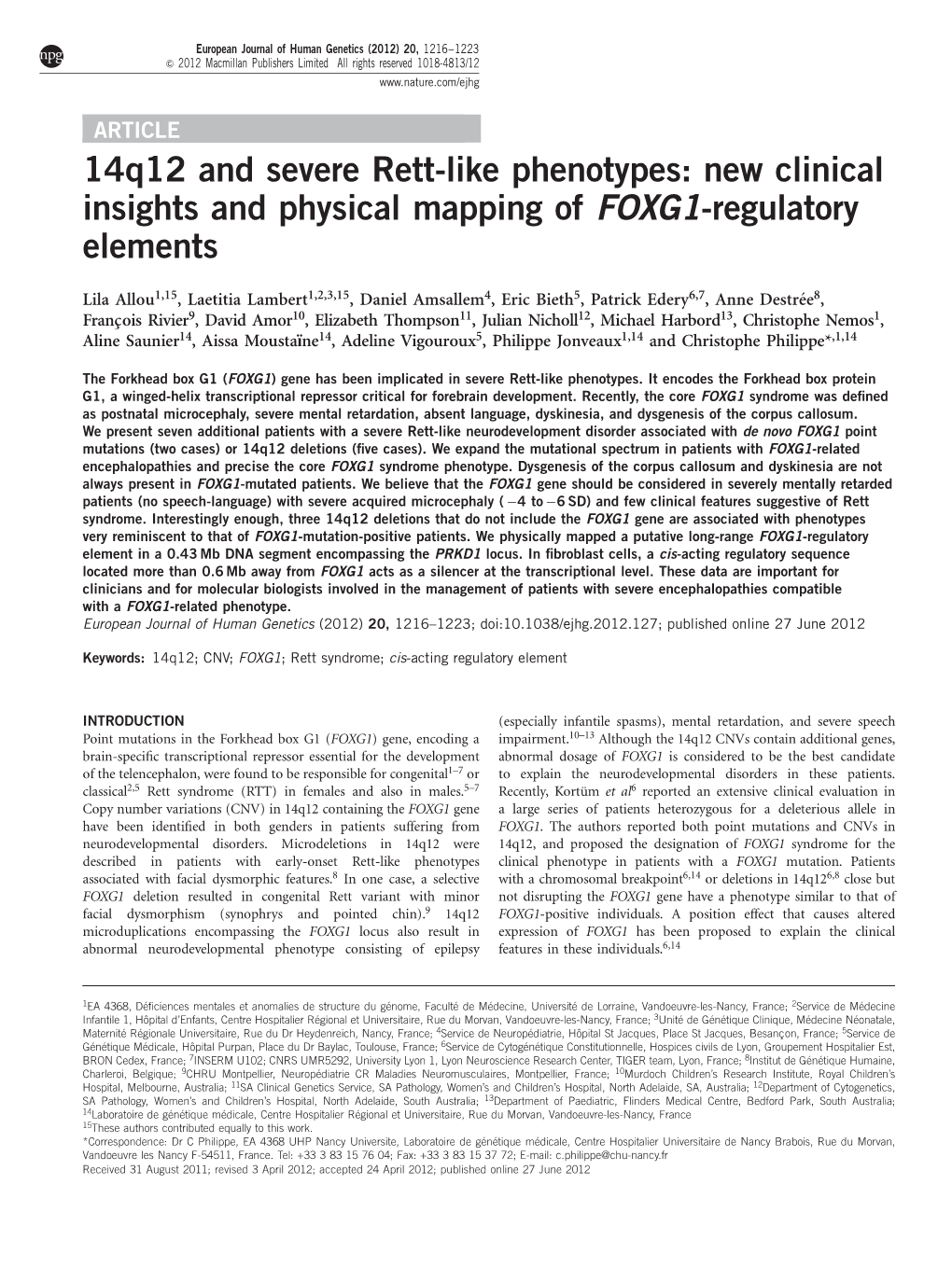 New Clinical Insights and Physical Mapping of FOXG1-Regulatory Elements