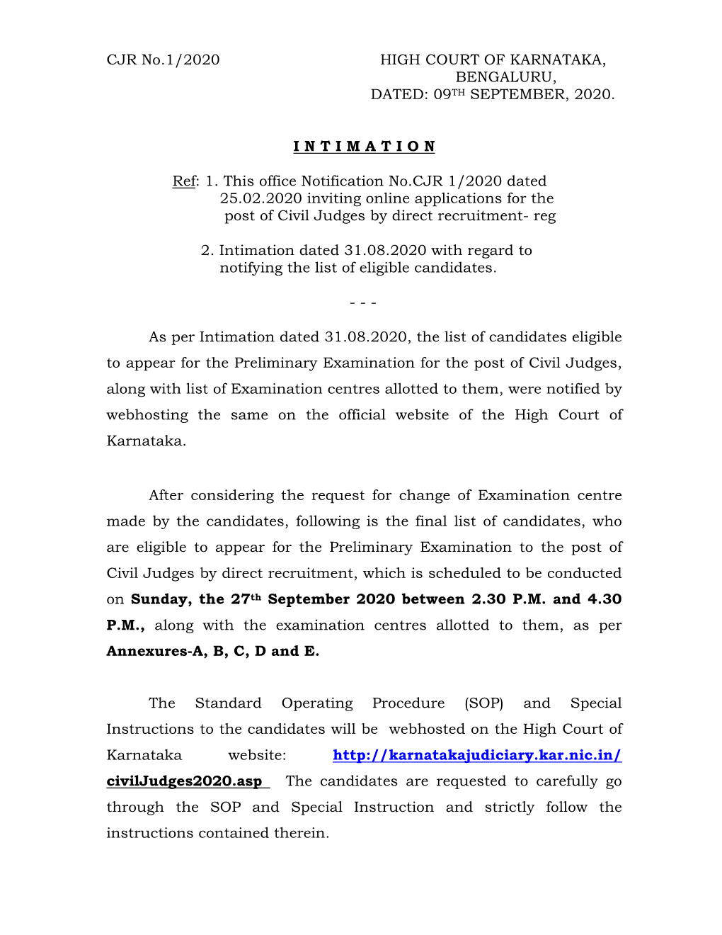 CJR No.1/2020 HIGH COURT of KARNATAKA, BENGALURU, DATED: 09 TH SEPTEMBER, 2020