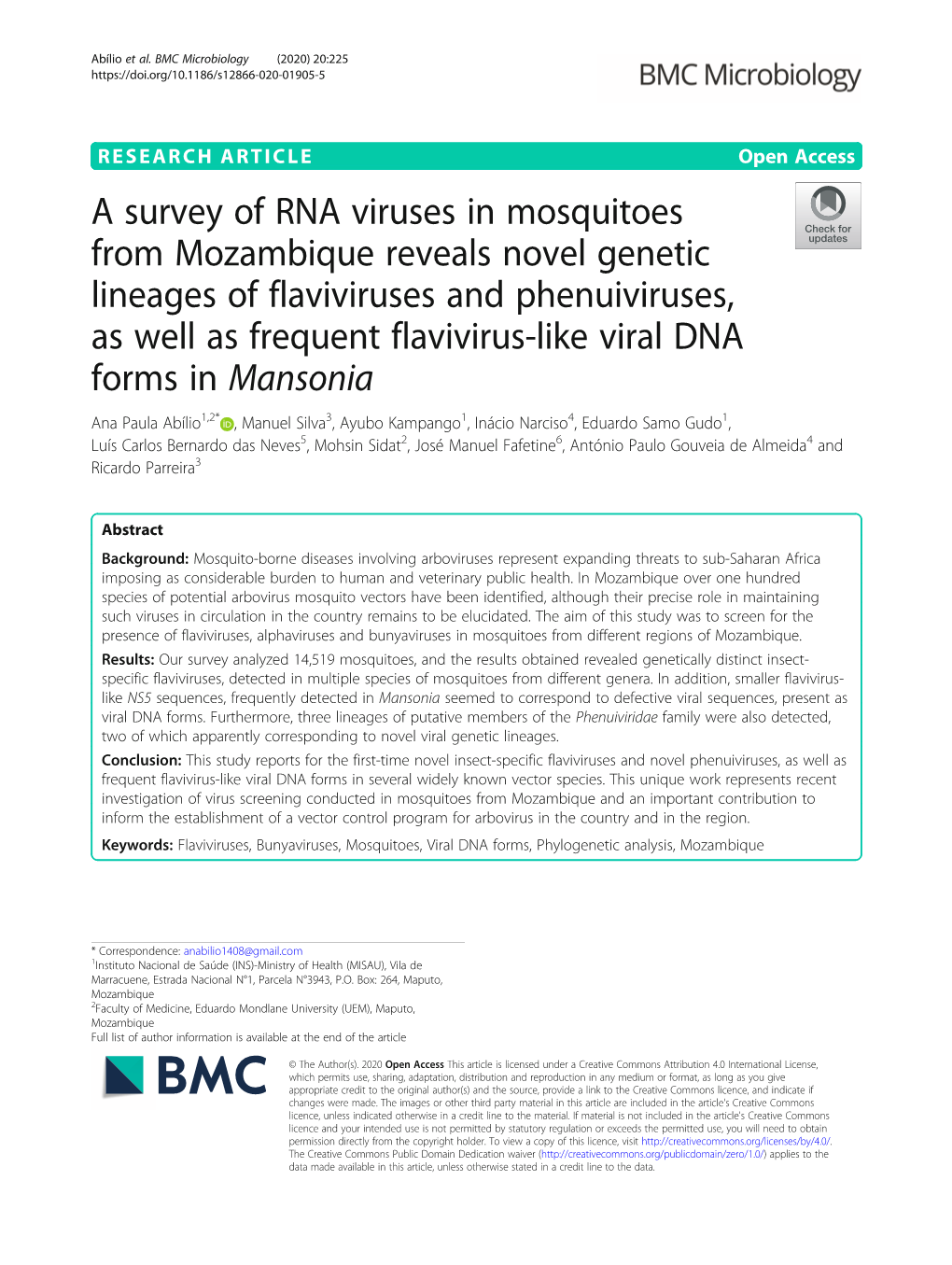 A Survey of RNA Viruses in Mosquitoes from Mozambique