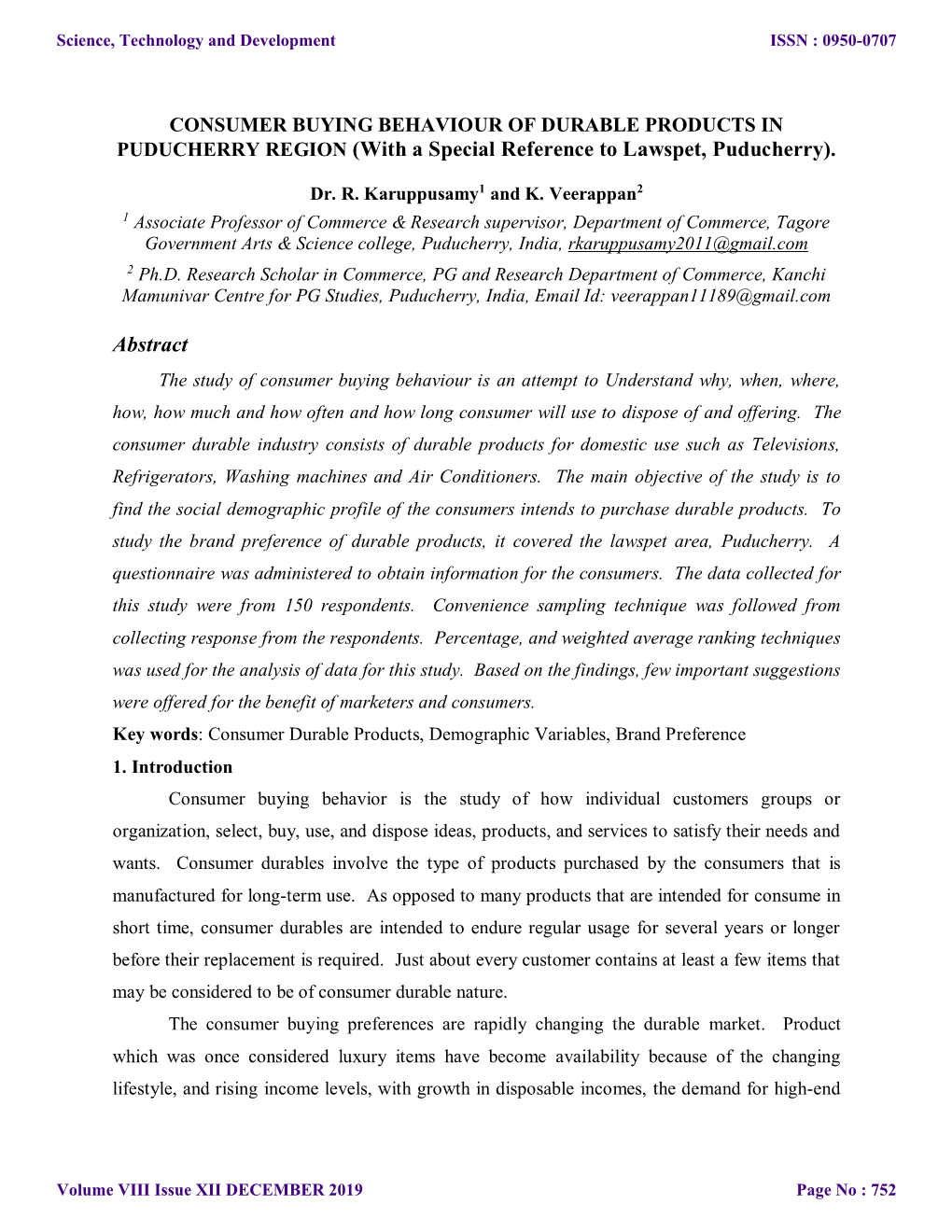 CONSUMER BUYING BEHAVIOUR of DURABLE PRODUCTS in PUDUCHERRY REGION (With a Special Reference to Lawspet, Puducherry)