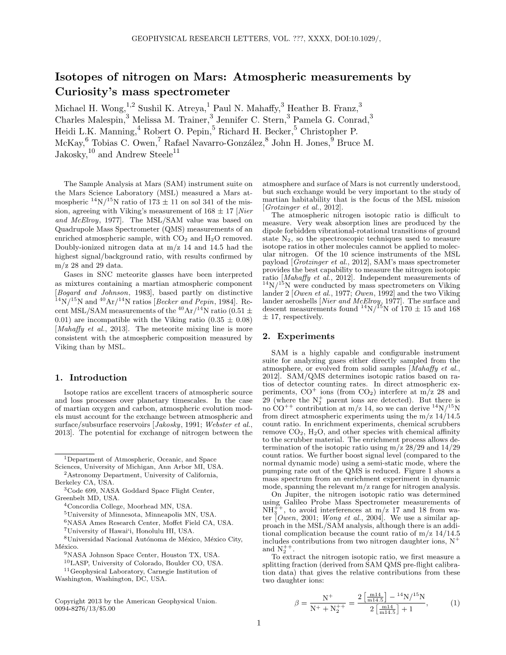 Isotopes of Nitrogen on Mars: Atmospheric Measurements by Curiosity’S Mass Spectrometer Michael H