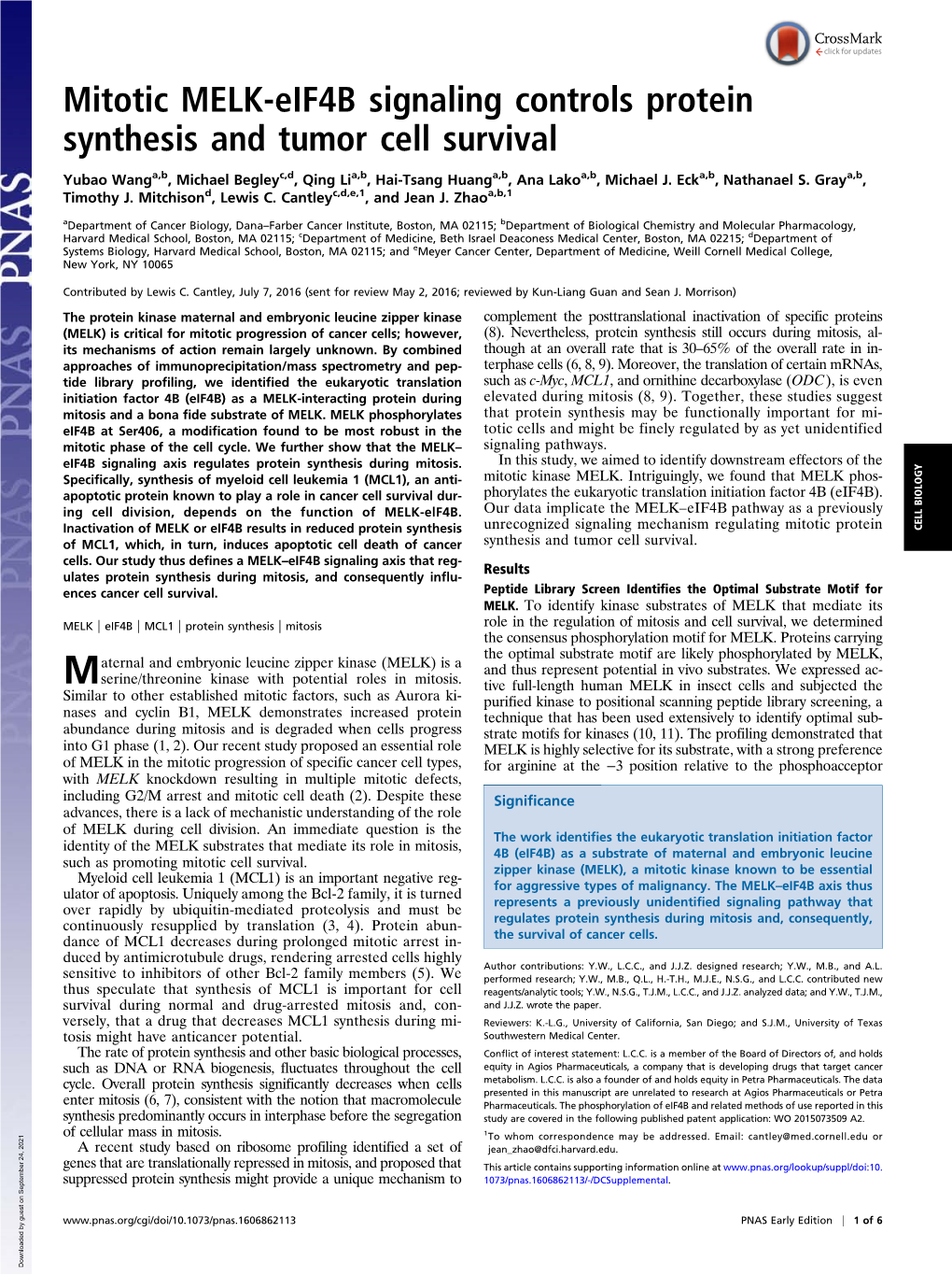 Mitotic MELK-Eif4b Signaling Controls Protein Synthesis and Tumor Cell Survival