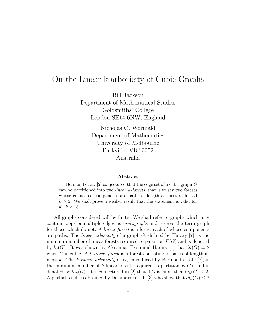On the Linear K-Arboricity of Cubic Graphs