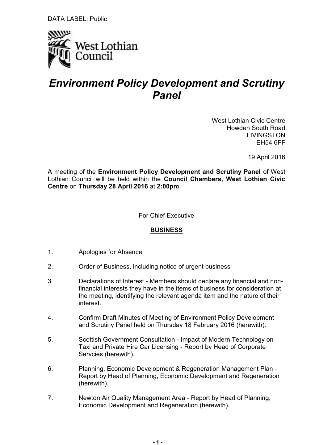 Environment Policy Development and Scrutiny Panel