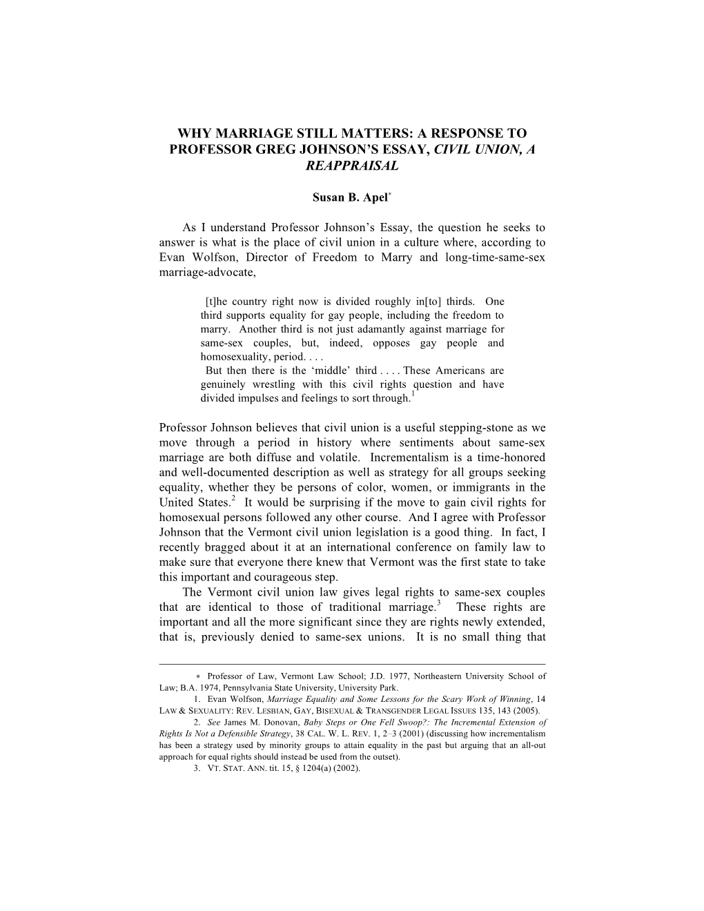 Why Marriage Still Matters: a Response to Professor Greg Johnson's Essay, Civil Union, a Reappraisal