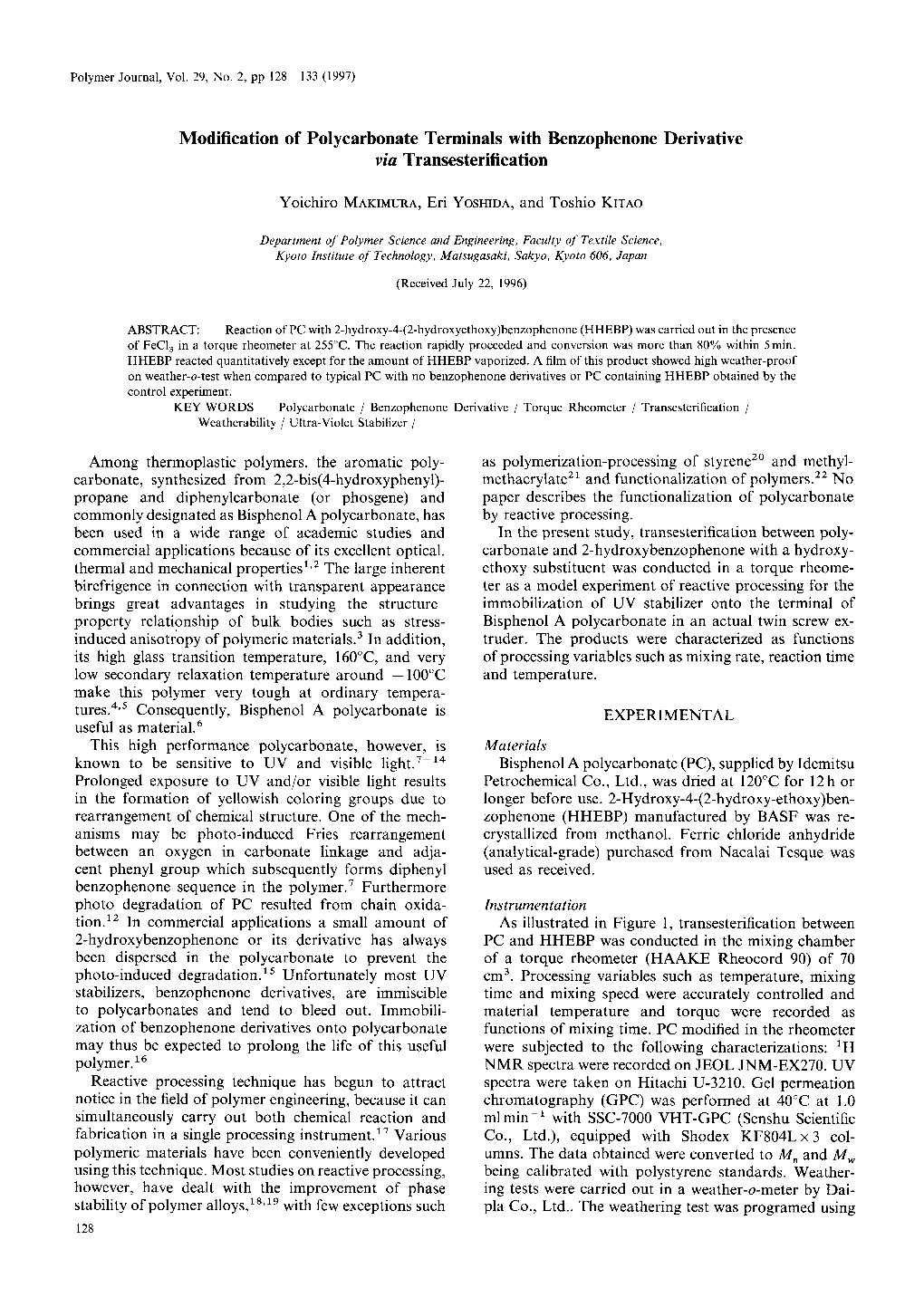 Modification of Polycarbonate Terminals with Benzophenone Derivative Via Transesterification