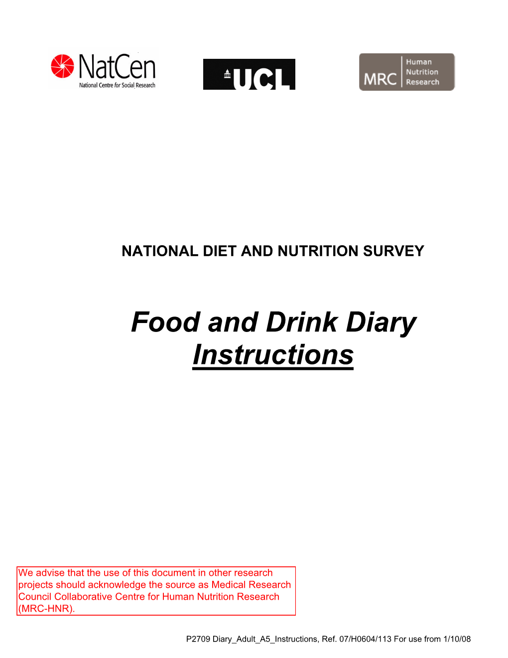 Food and Drink Diary Instructions