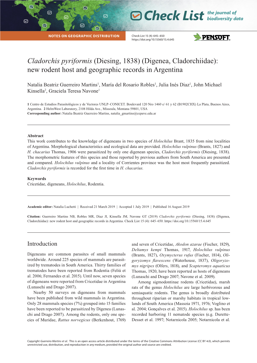 Cladorchis Pyriformis (Diesing, 1838) (Digenea, Cladorchiidae): New Rodent Host and Geographic Records in Argentina