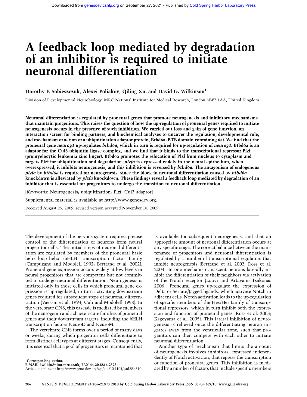 A Feedback Loop Mediated by Degradation of an Inhibitor Is Required to Initiate Neuronal Differentiation