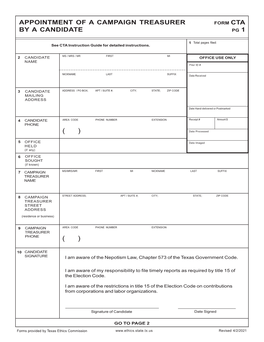 Form CTA (Appointment of a Campaign Treasurer by a Candidate)