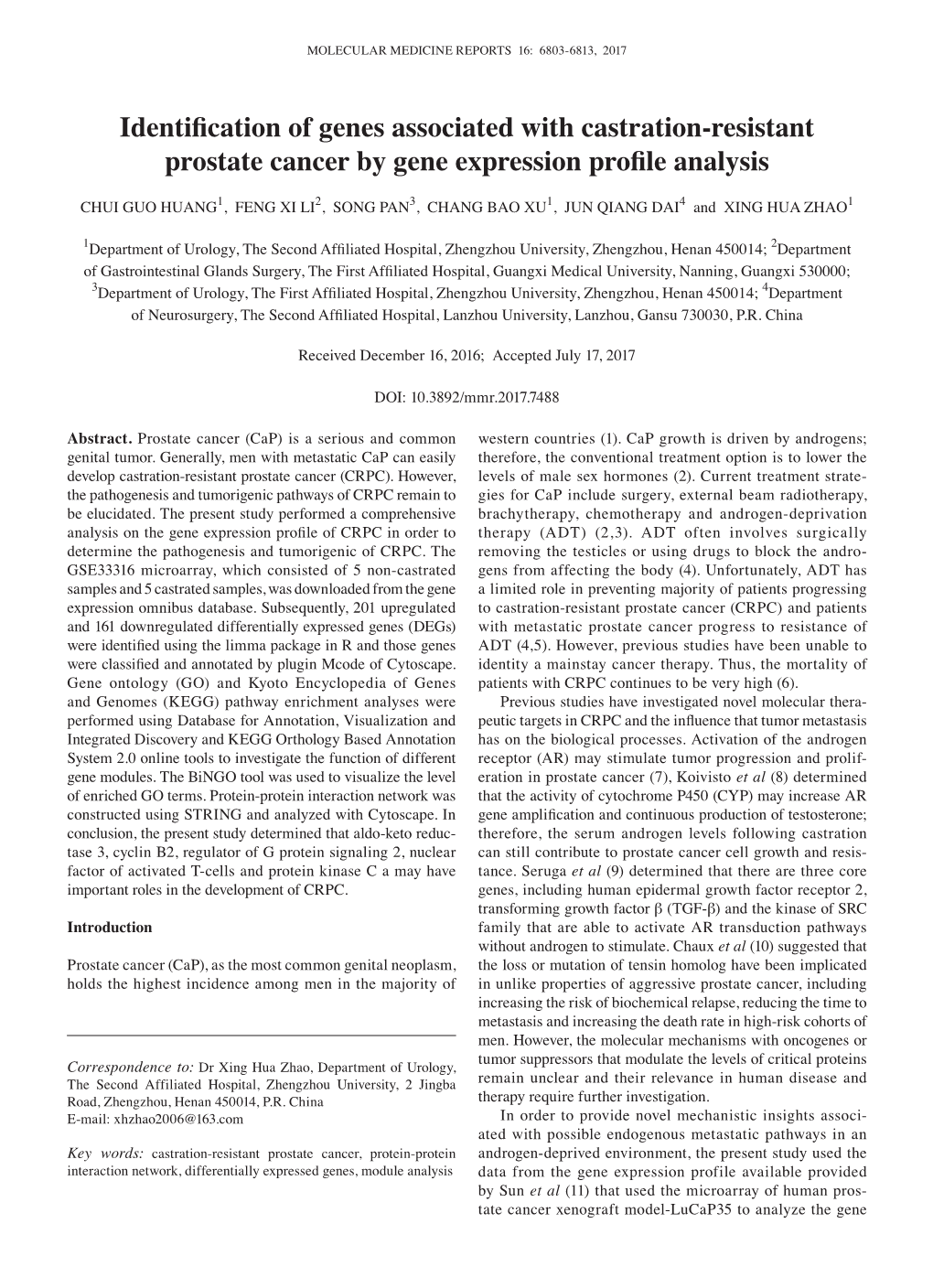 Identification of Genes Associated with Castration‑Resistant Prostate Cancer by Gene Expression Profile Analysis