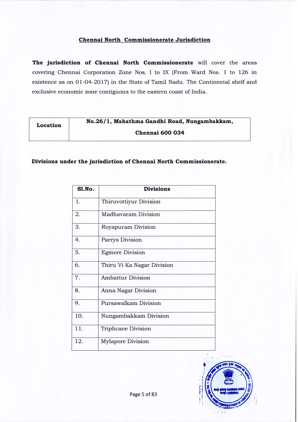 Chennai North Commissionerate Jurisdiction