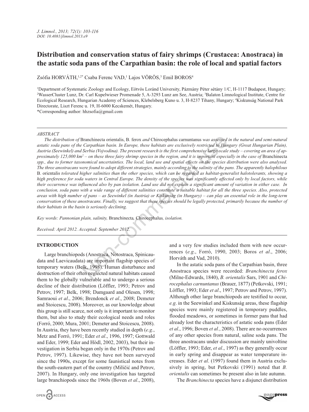 Distribution and Conservation Status of Fairy Shrimps (Crustacea: Anostraca) in the Astatic Soda Pans of the Carpathian Basin: the Role of Local and Spatial Factors