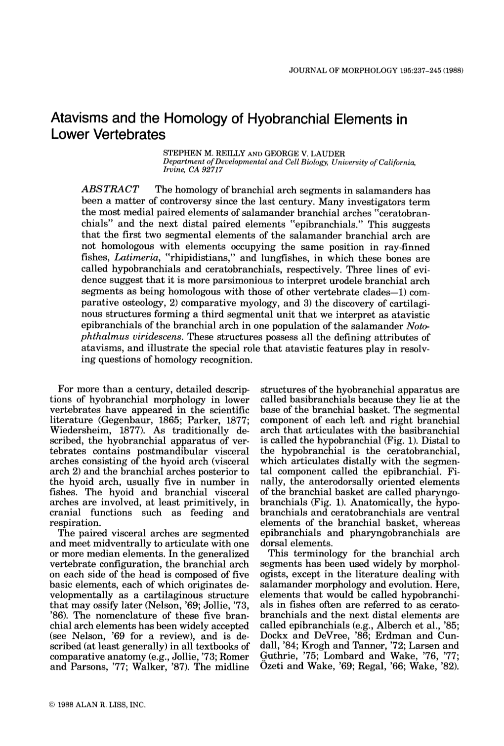 Atavisms and the Homology of Hyobranchial Elements in Lower Vertebrates