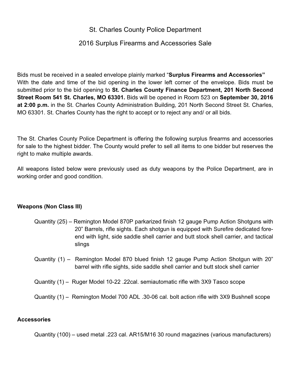 2016 Police Department Firearms Surplus Sale