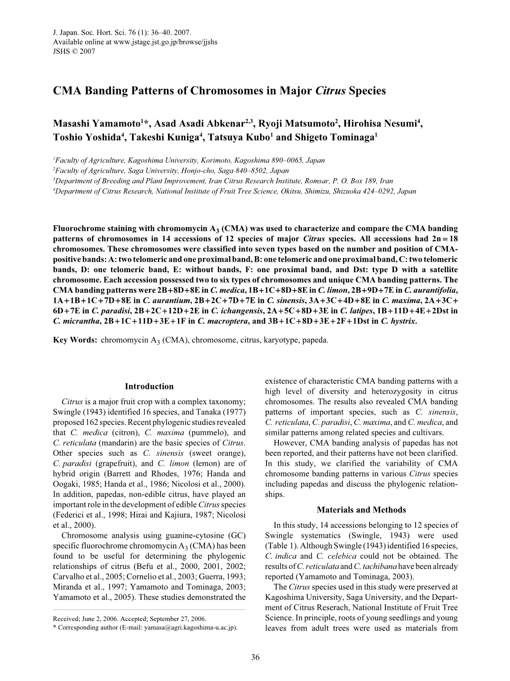 CMA Banding Patterns of Chromosomes in Major Citrus Species