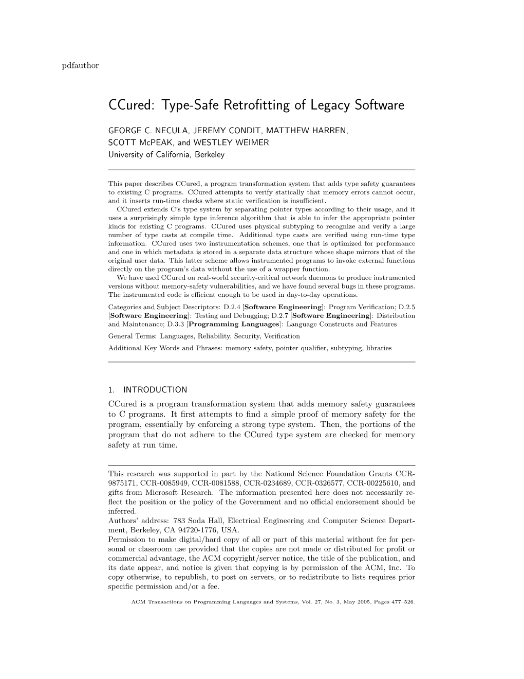 Ccured: Type-Safe Retrofitting of Legacy Software