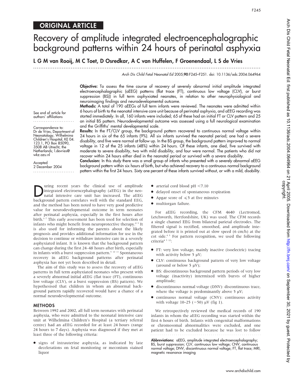 Recovery of Amplitude Integrated Electroencephalographic Background Patterns Within 24 Hours of Perinatal Asphyxia