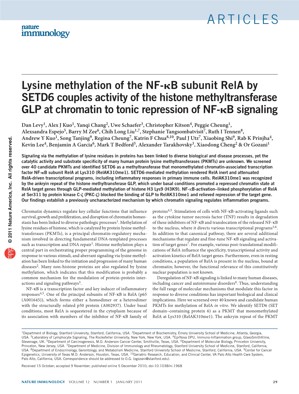 Lysine Methylation of the NF-Κb Subunit Rela by SETD6 Couples Activity of the Histone Methyltransferase GLP at Chromatin To