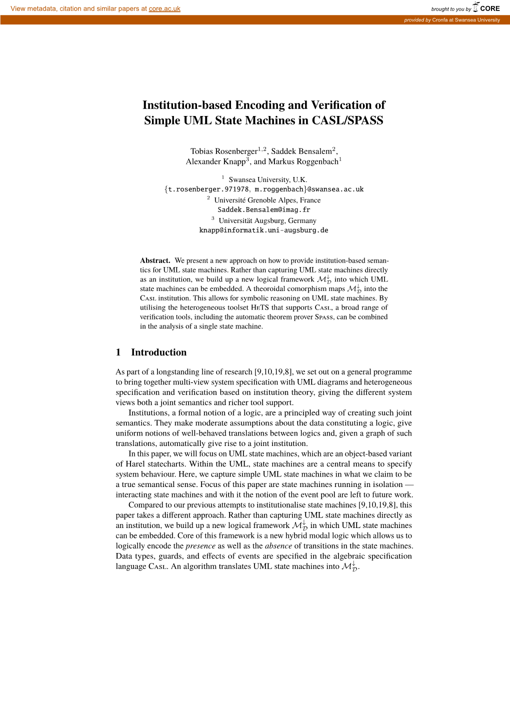 Institution-Based Encoding and Verification of Simple UML