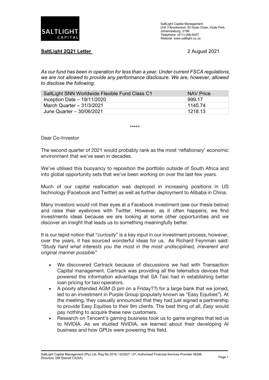 Saltlight 2Q21 Letter 2 August 2021 As Our Fund Has Been in Operation