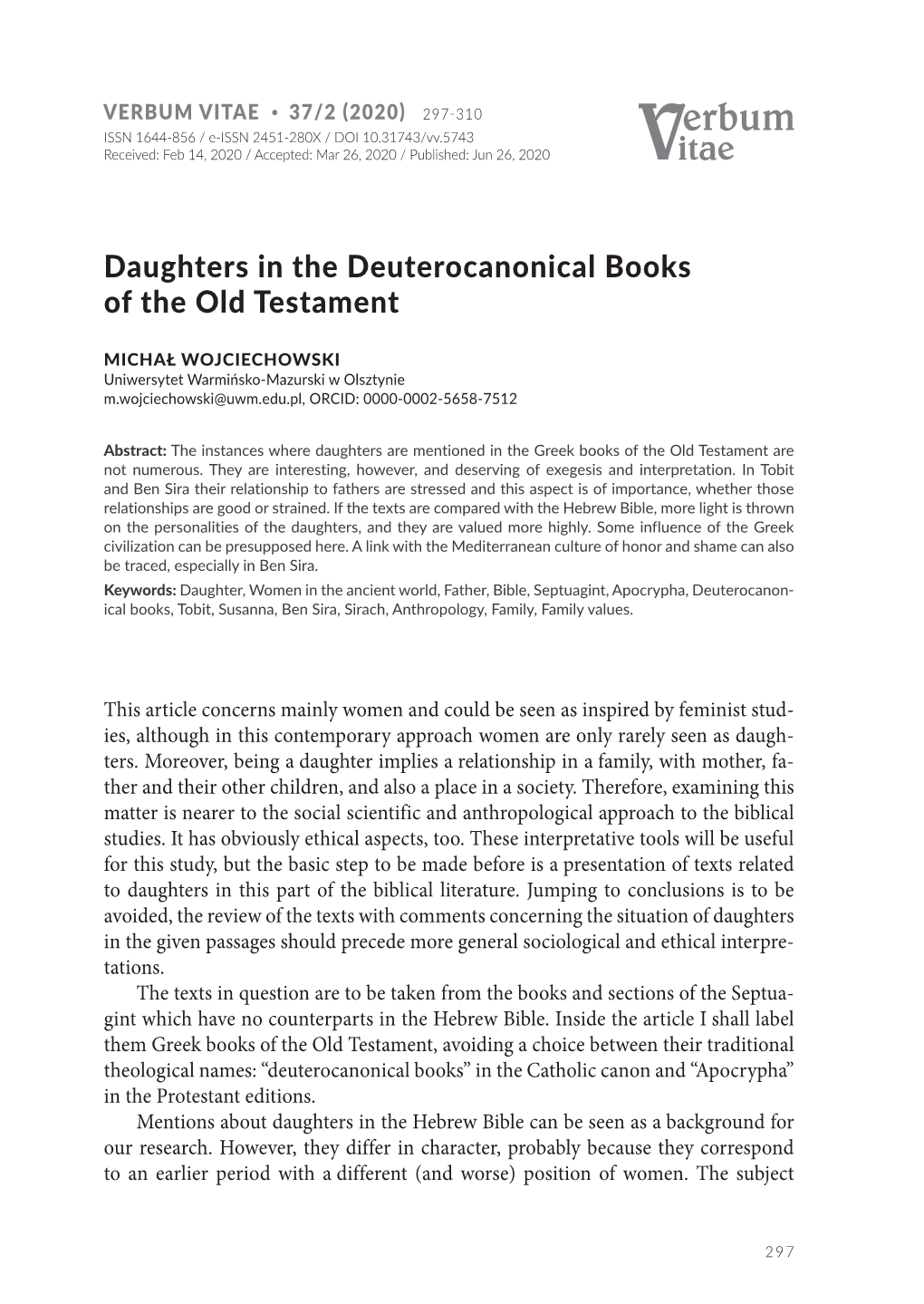 Daughters in the Deuterocanonical Books of the Old Testament