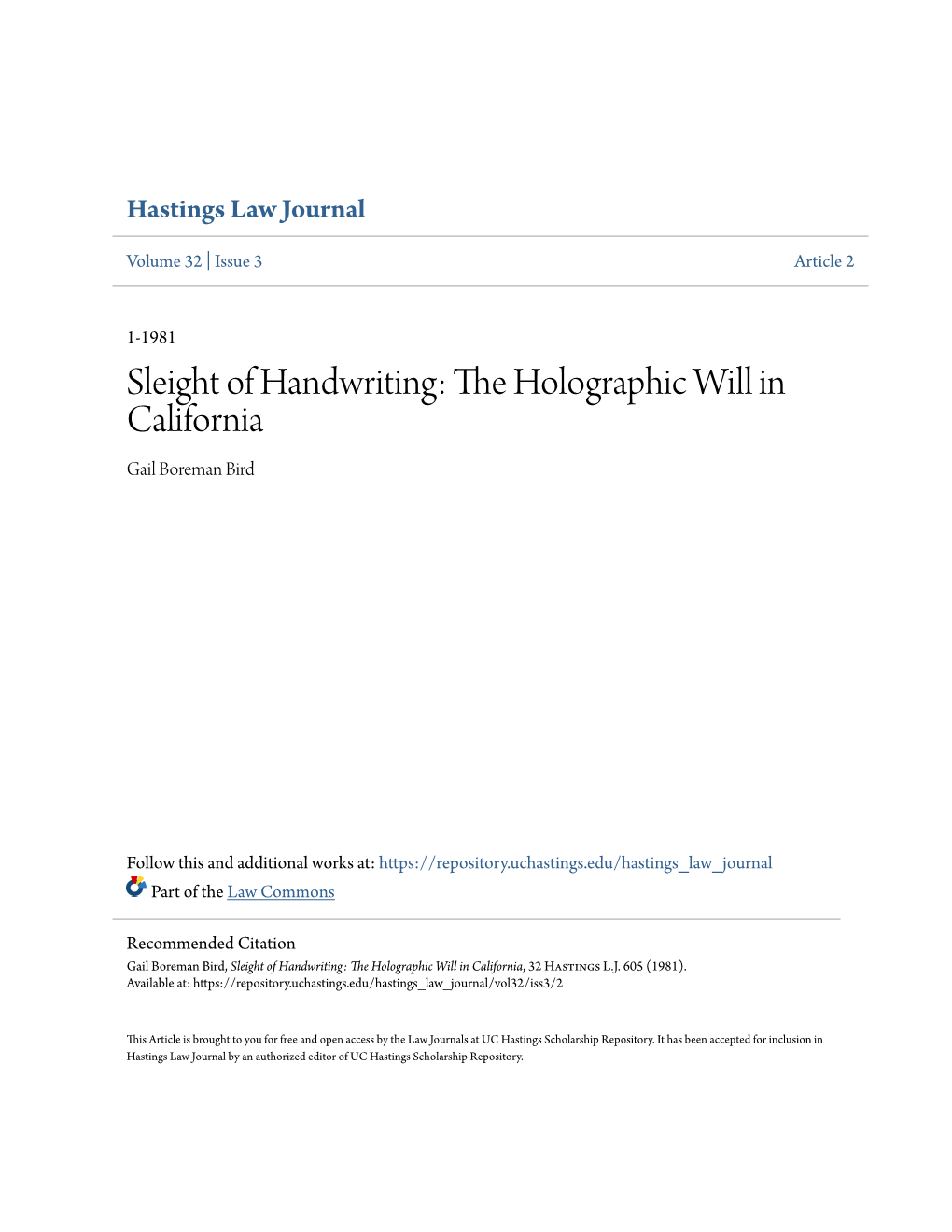 Sleight of Handwriting: the Holographic Will in California, 32 Hastings L.J