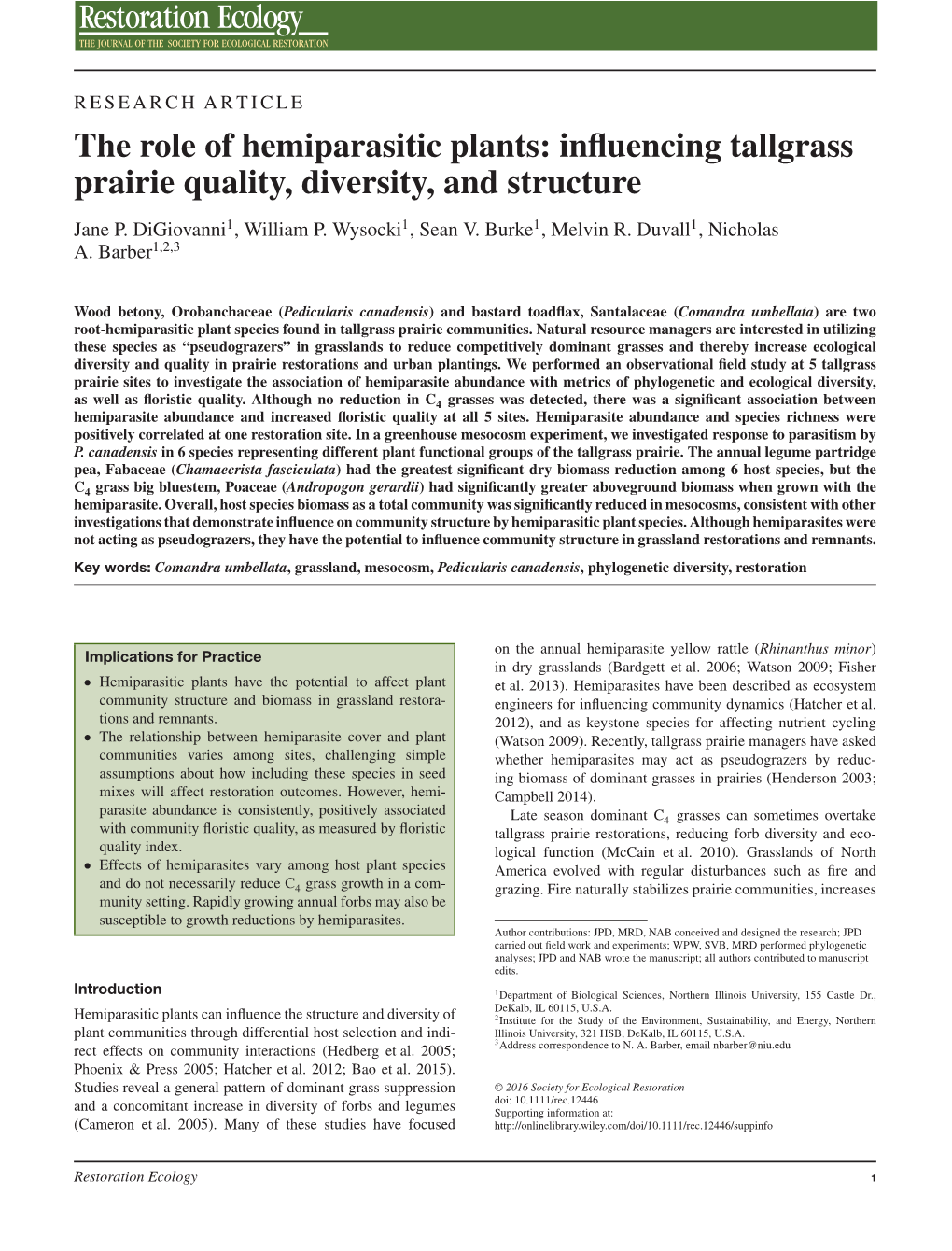 The Role of Hemiparasitic Plants: Influencing Tallgrass Prairie Quality, Diversity, and Structure Jane P