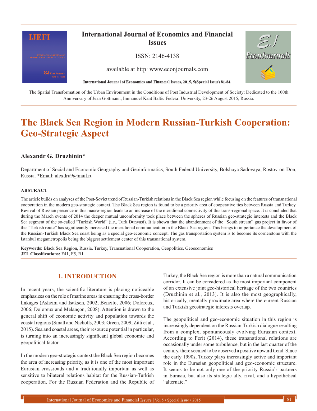 The Black Sea Region in Modern Russian-Turkish Cooperation: Geo-Strategic Aspect