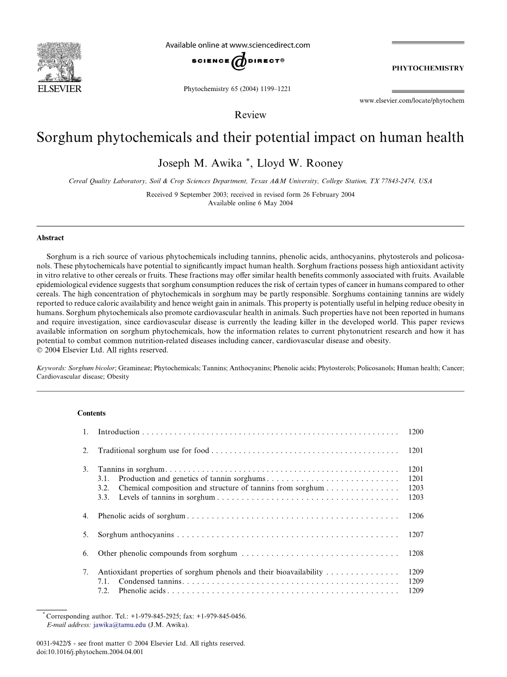 Sorghum Phytochemicals and Their Potential Impact on Human Health