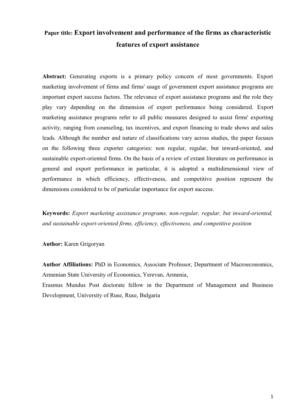 Classification of Firms Factors Determining the Types of Export Assistance and Measures