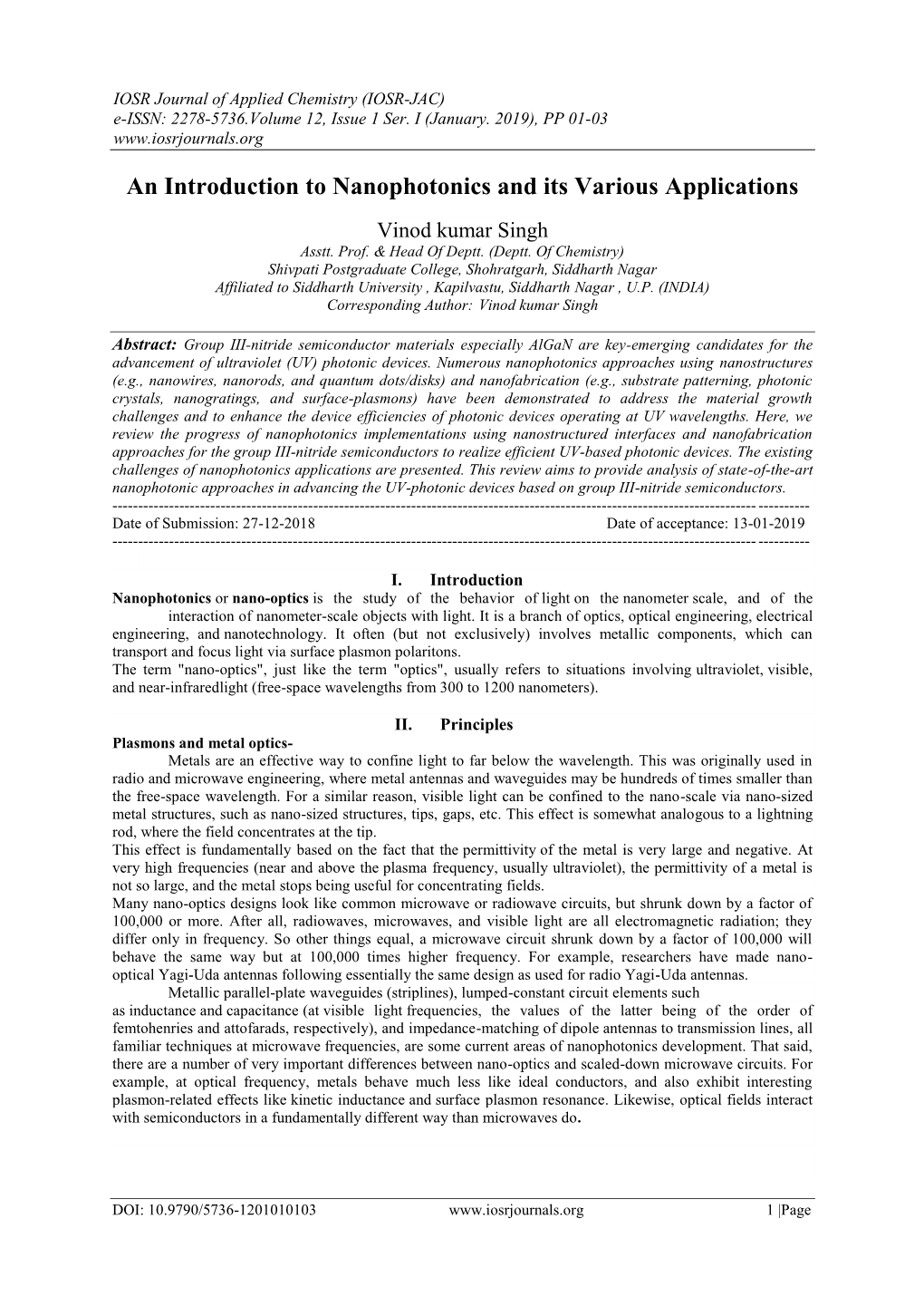 An Introduction to Nanophotonics and Its Various Applications