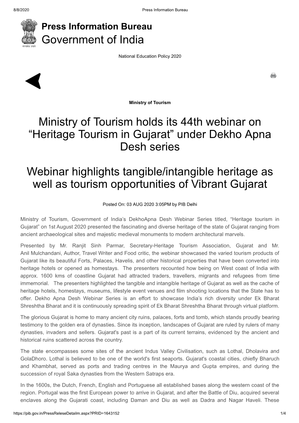 “Heritage Tourism in Gujarat” Under Dekho Apna Desh Series Webinar