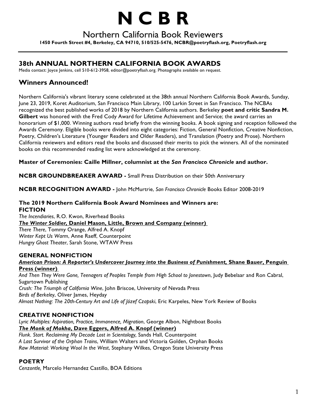 N C B R Northern California Book Reviewers 1450 Fourth Street #4, Berkeley, CA 94710, 510/525-5476, NCBR@Poetryflash.Org, Poetryflash.Org