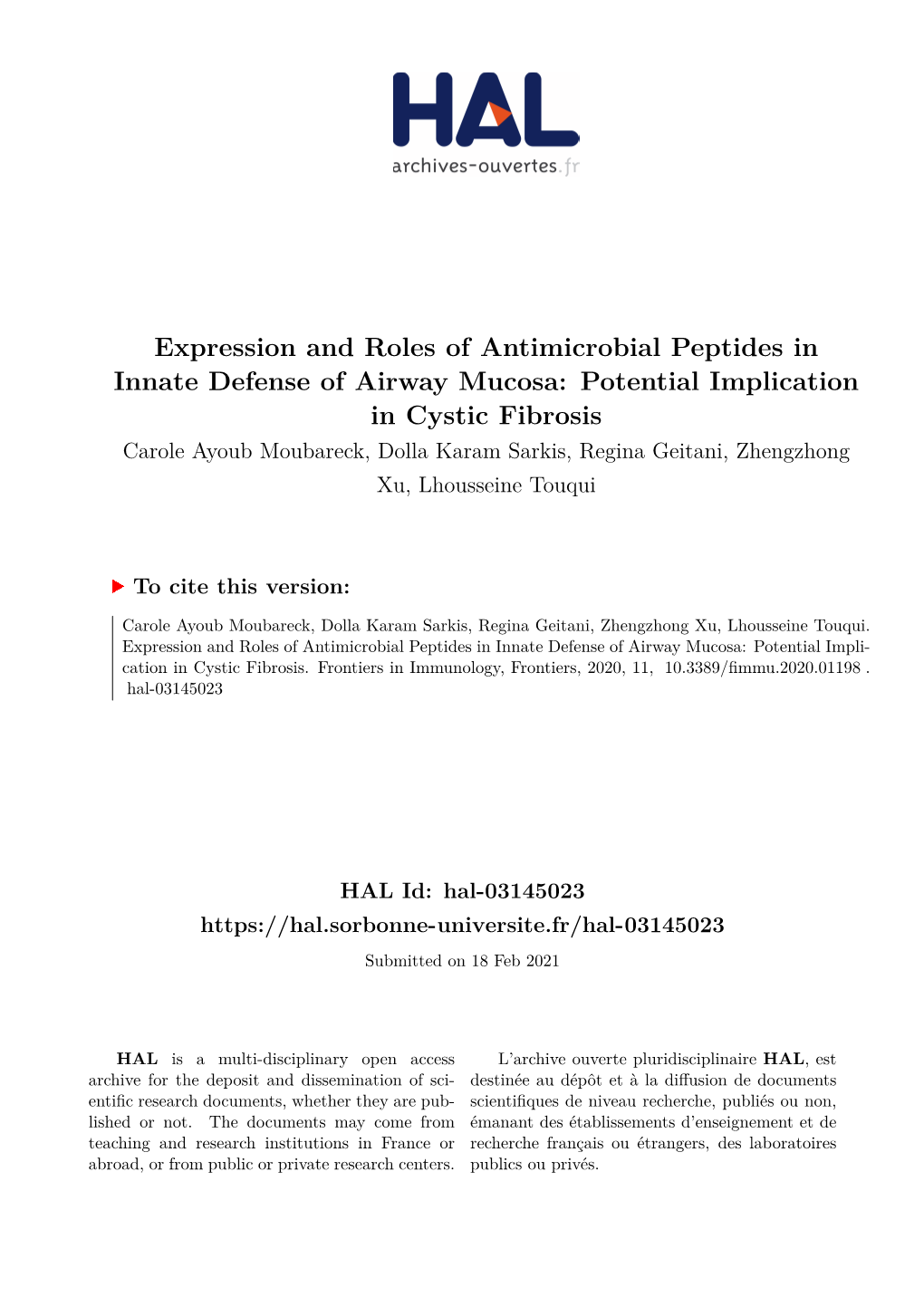 Expression and Roles of Antimicrobial Peptides in Innate Defense Of