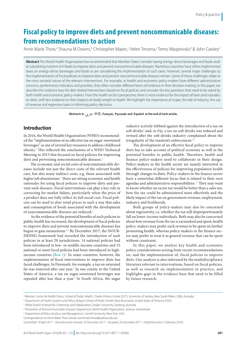 Fiscal Policy to Improve Diets and Prevent Noncommunicable Diseases