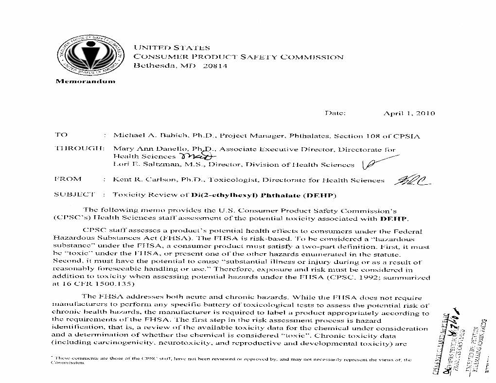 Toxicity Review for Di(2-Ethylhexyl) Phthalate (DEHP)