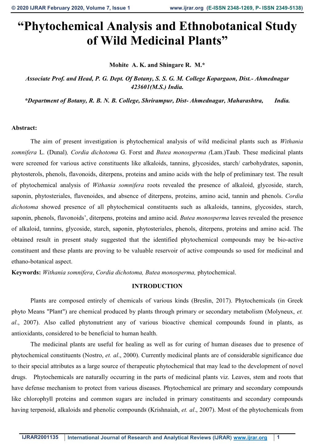 “Phytochemical Analysis and Ethnobotanical Study of Wild Medicinal Plants”