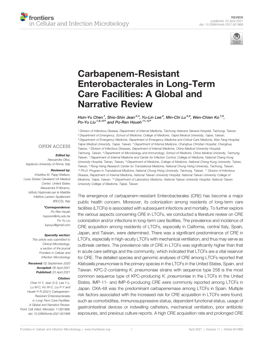 Carbapenem-Resistant Enterobacterales in Long-Term Care Facilities: a Global and Narrative Review