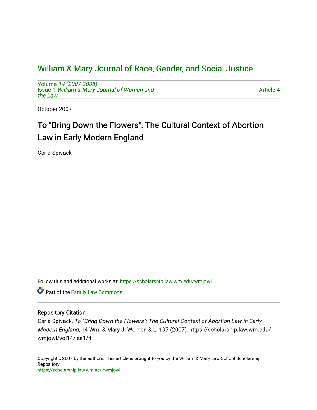 The Cultural Context of Abortion Law in Early Modern England