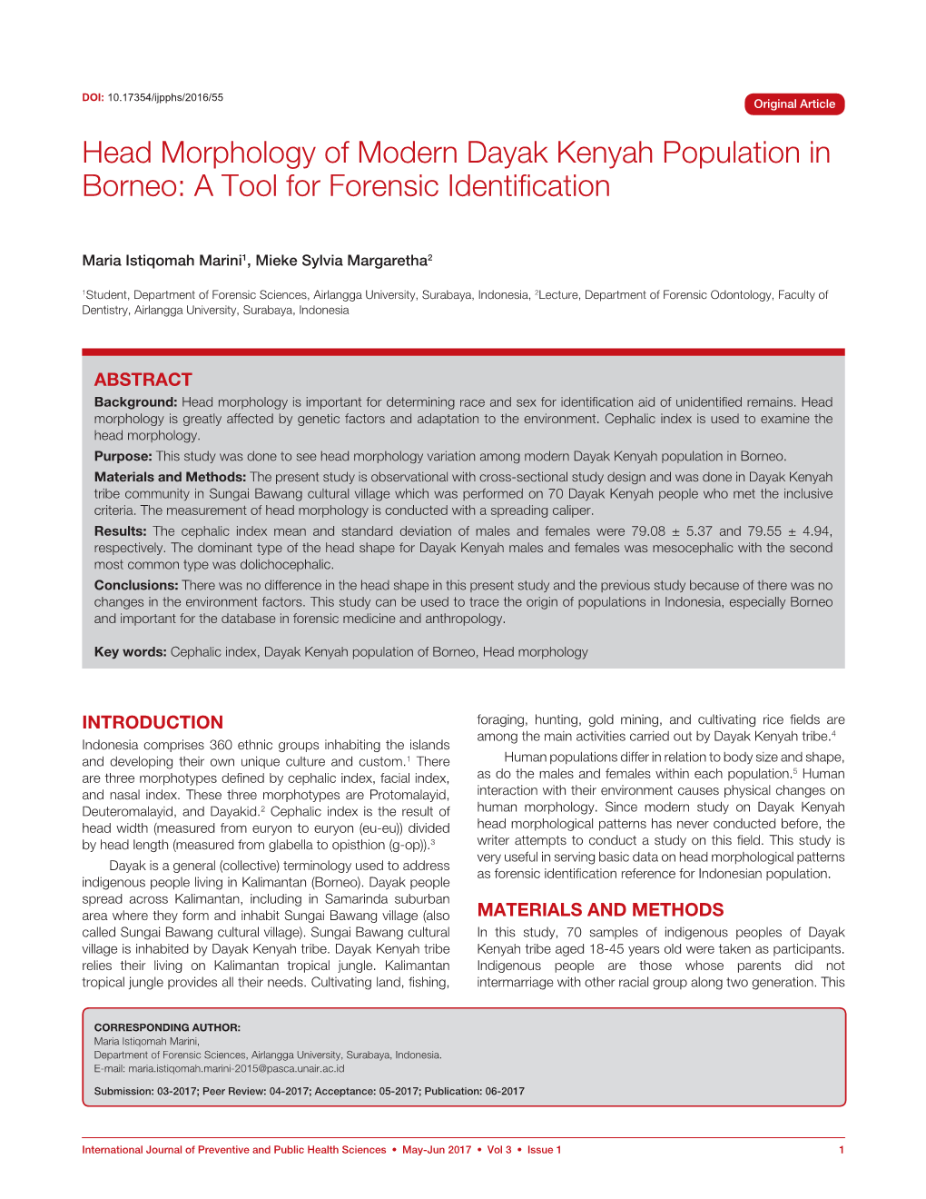 Head Morphology of Modern Dayak Kenyah Population in Borneo: a Tool for Forensic Identification