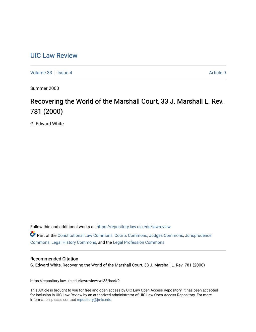 Recovering the World of the Marshall Court, 33 J. Marshall L. Rev. 781 (2000)