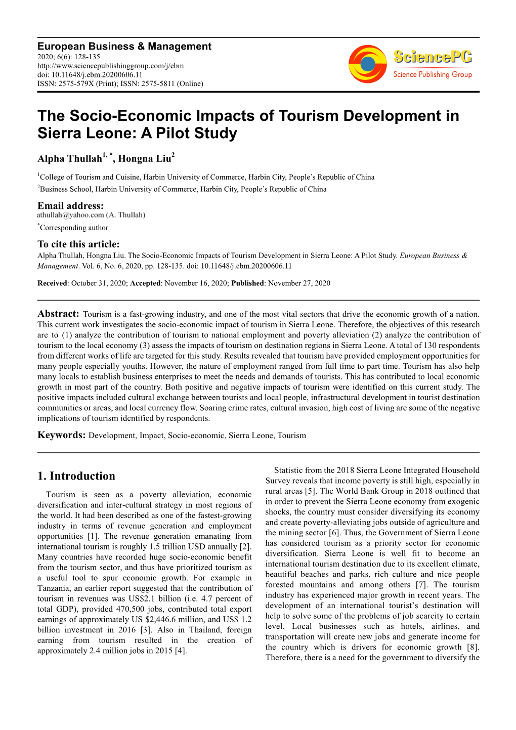 The Socio-Economic Impacts of Tourism Development in Sierra Leone: a Pilot Study