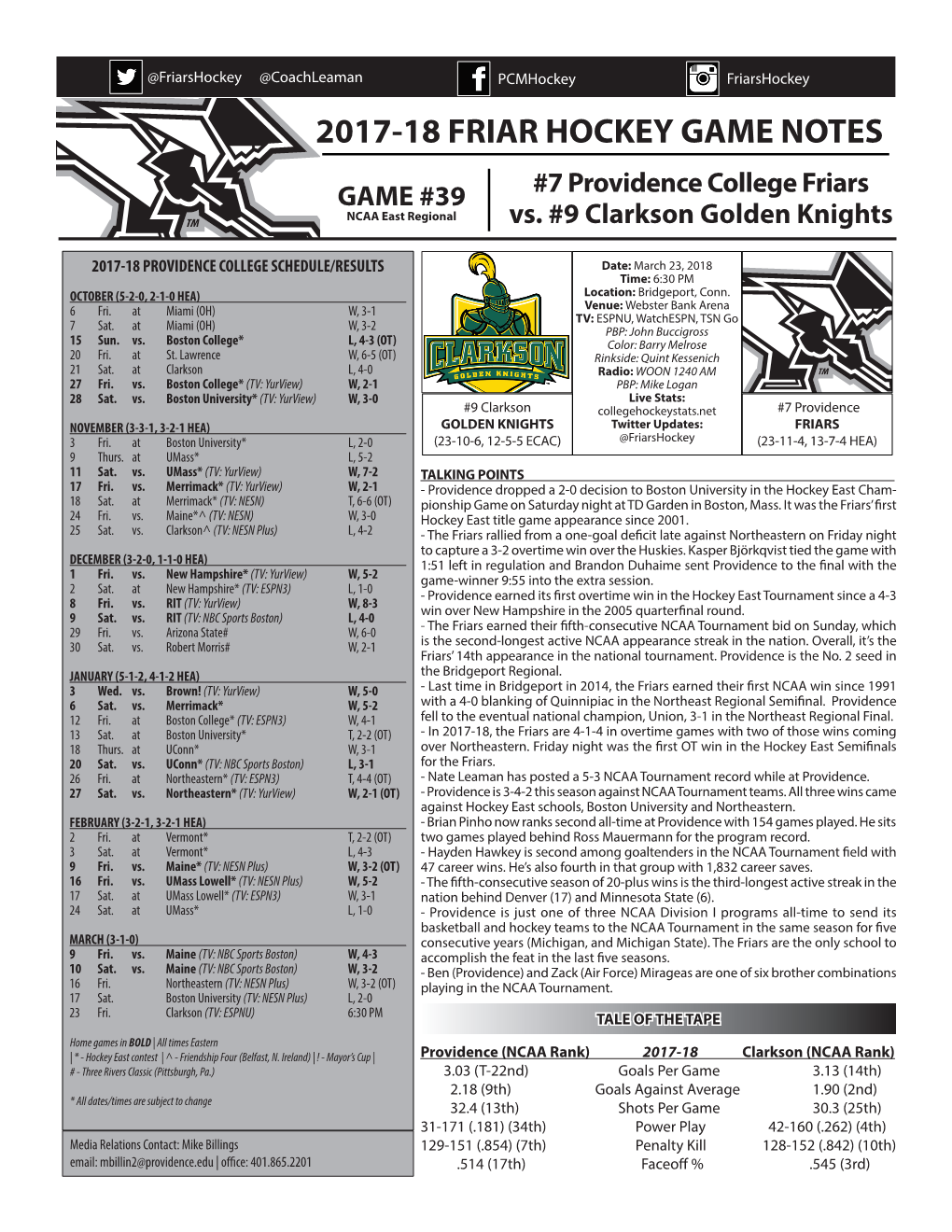 2017-18 Friar Hockey Game Notes