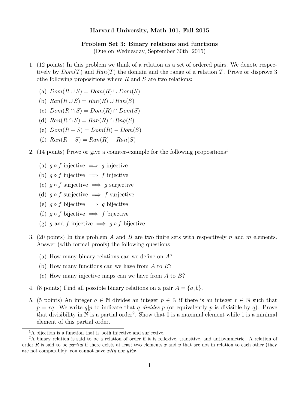 Binary Relations and Functions (Due on Wednesday, September 30Th, 2015)