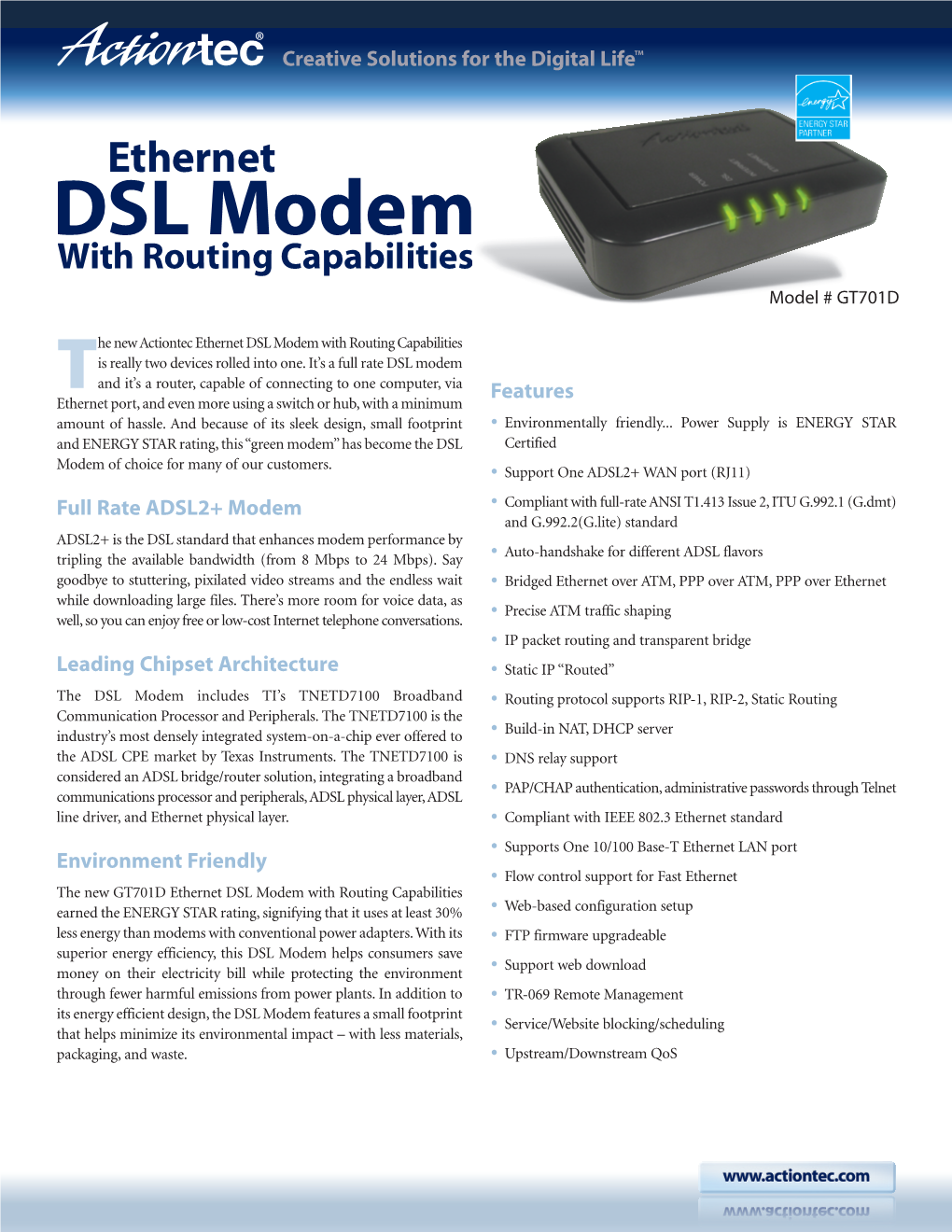 Actiontec GT701D Ethernet DSL Modem Product Datasheet