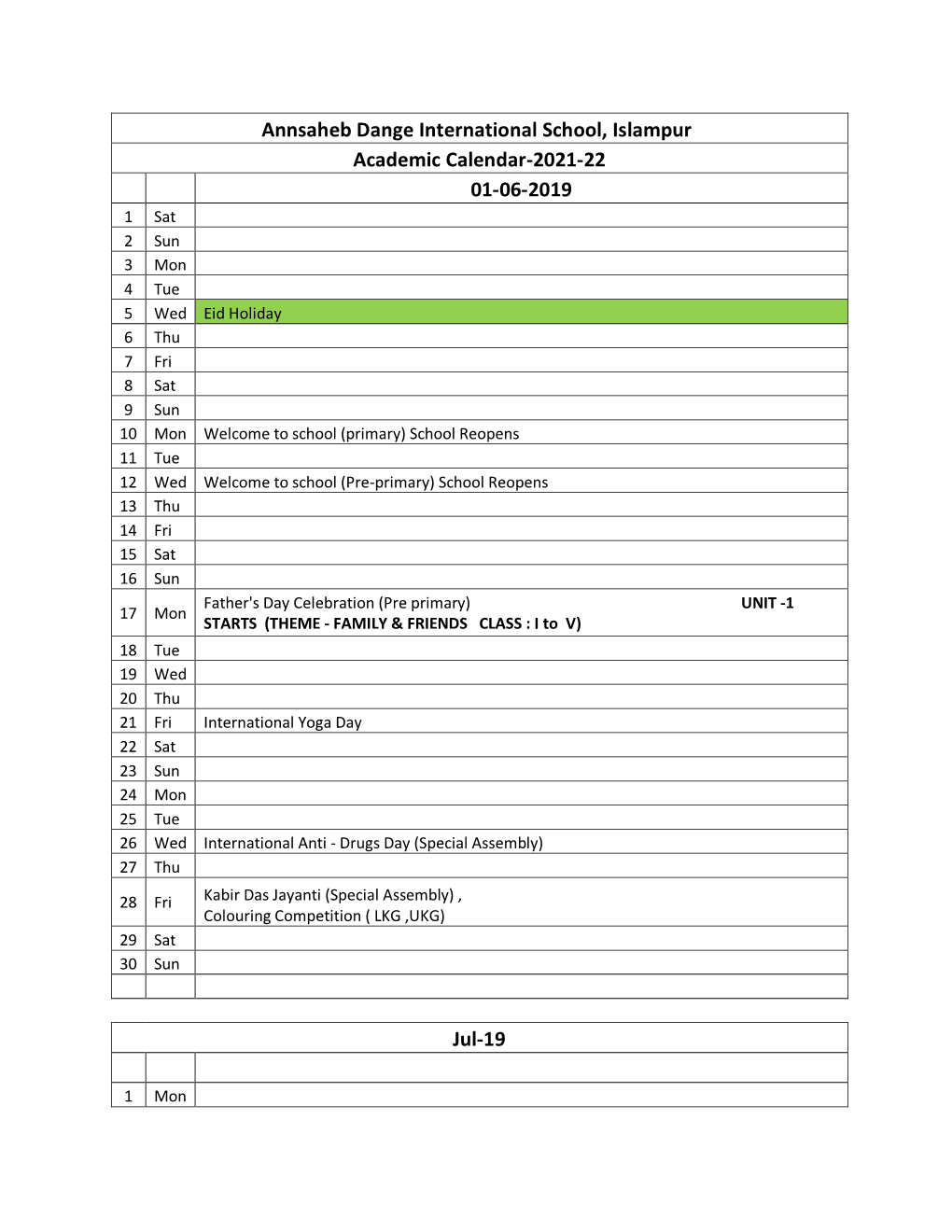 Annsaheb Dange International School, Islampur Academic Calendar-2021-22 01-06-2019 Jul-19