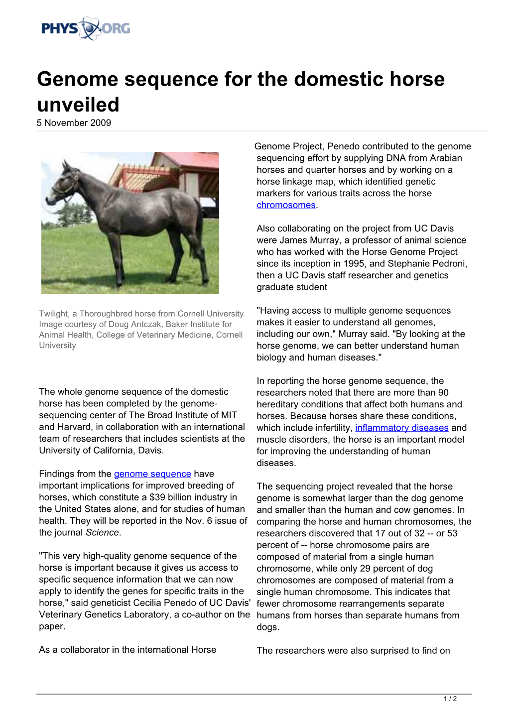 Genome Sequence for the Domestic Horse Unveiled 5 November 2009